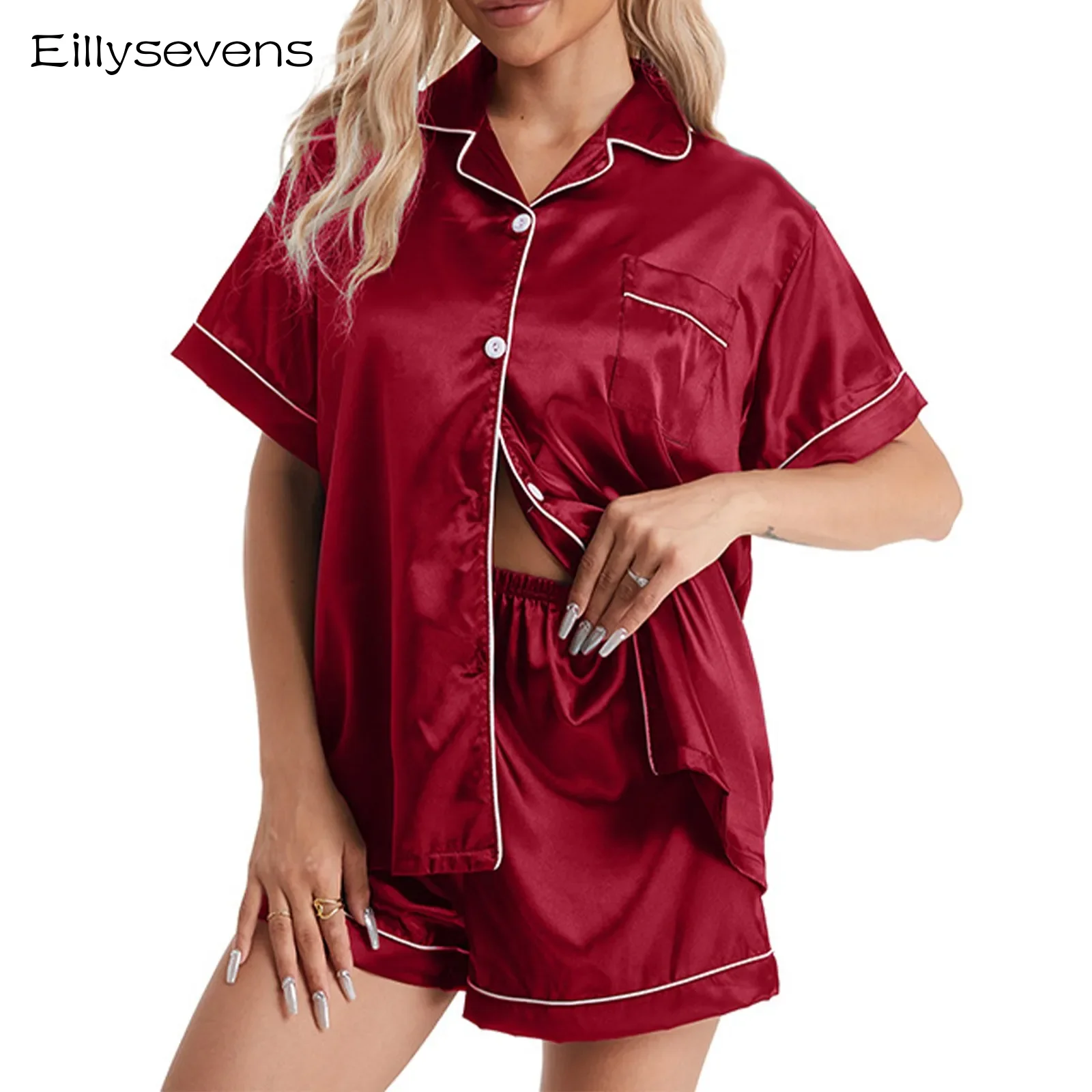 

Summer Women's Pajamas Simulation Silk Lapel Short Sleeve Shorts Two Piece Set Oversized Comfortable Thin Home Clothing