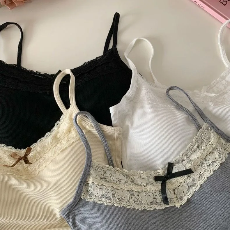 Sexy White Knit Camisole Lace Tank Top Cropped Vest Women's Sleeveless Crop Tops with Chest Pad Y2k Cute Summer Slim Undershirt