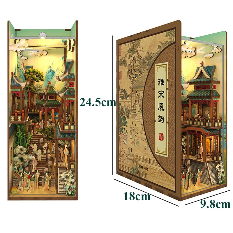 DIY Wooden Book Nook Shelf Insert Kits Chinese Ancient Street View Bookends Miniature Building Kits Bookshelf For Friends Gifts 5