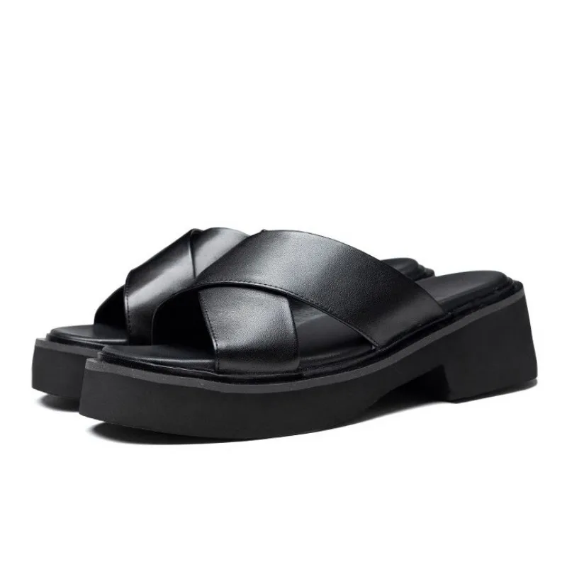 Mens Genuine Leather Platform Slippers Open Toe New Summer