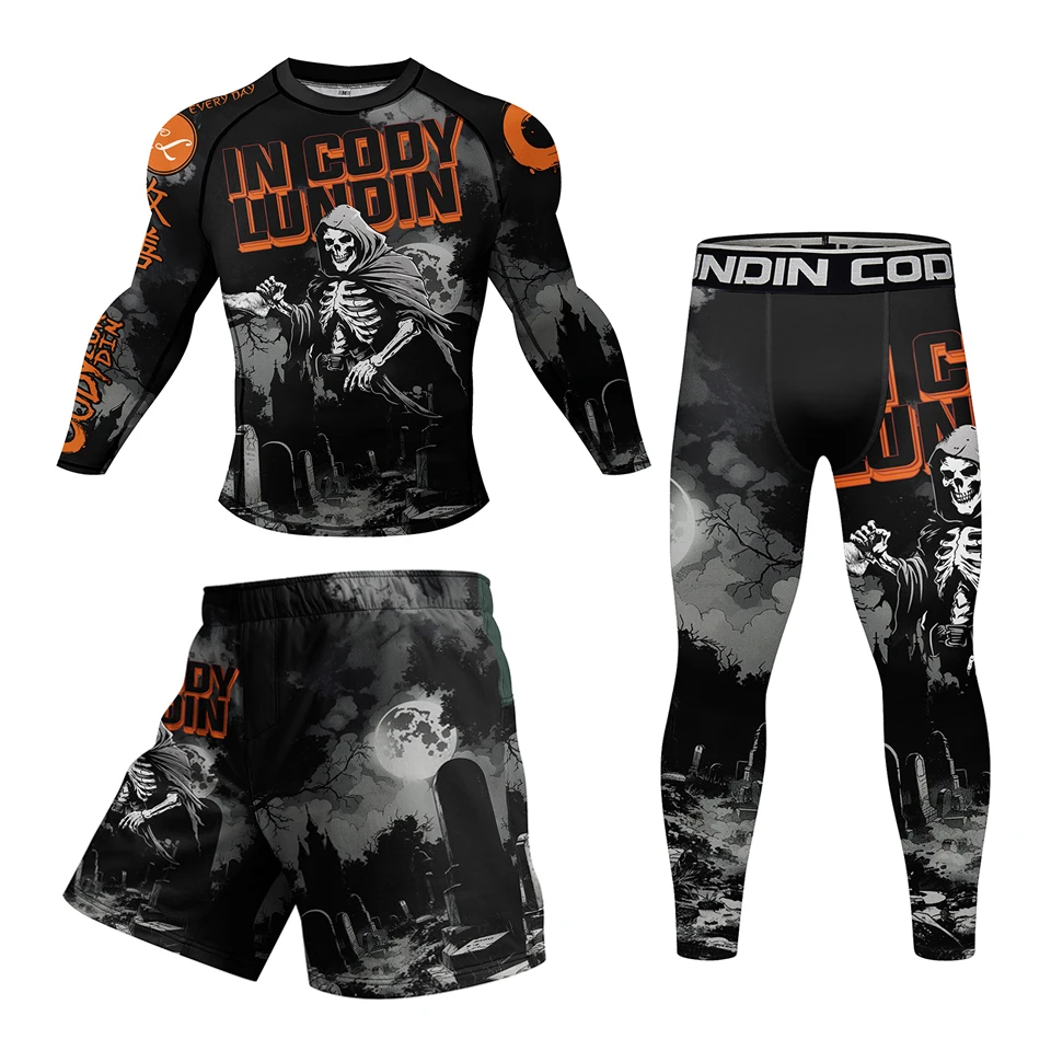 New Skull Men Rashguard Jiu Jitsu MMA T-shirt+Shorts Set Bjj Kickboxing Grappling Boxing Jerseys Muay Thai Rash Guard Sportswear