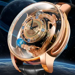 Relogio PINDU Watches Celestial Watch Men Ransparent Back Cover Design Rose Gold Quartz Leather Watch Art Hand Engraved Dragon