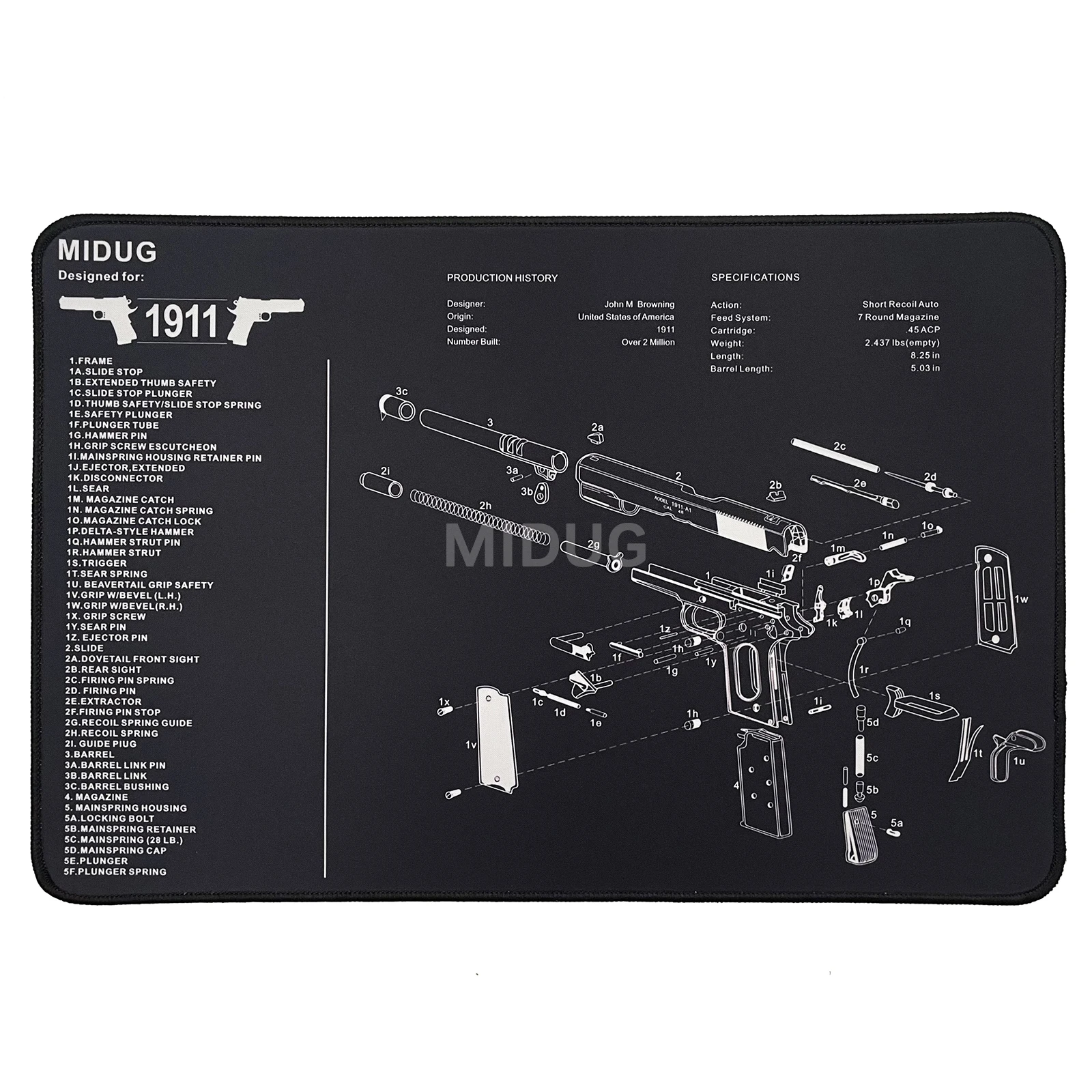 

MIDUG 1911 Handgun Cleaning Mat Gun Cleaning Rubber Mat with Part List Diagram Instruction Mouse Pad for Pistol 1911 Accessories