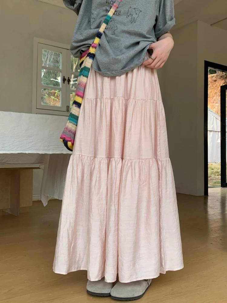 Qiukichonson Long Skirt Women Pink Skirt 2024 Mori Girl Style Sweet Spring Summer High Waisted Ruffle A-Line Pleated Skirts rok