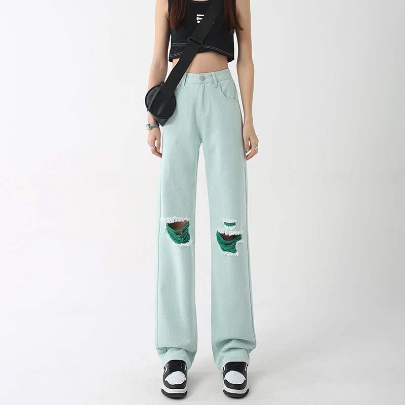 

2023 Women High Waist Patchwork Wide Leg Jeans Y2K Clothes Loose Holes Denim Wide Leg Pants Female Straight Jean Trousers 322