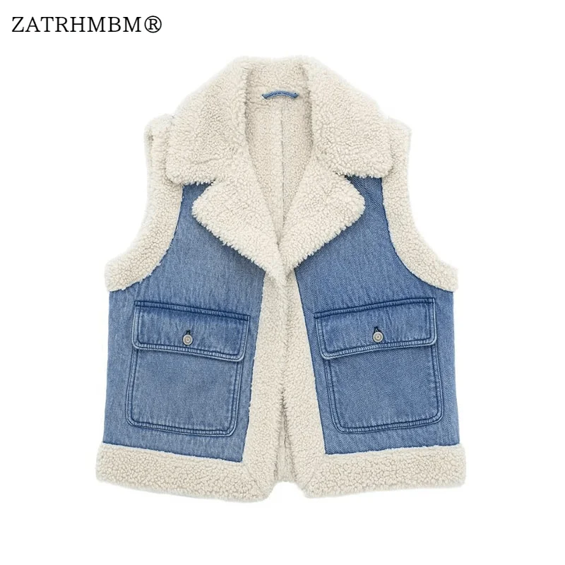 

ZATRHMBM Woman 2023 Autumn Winter Fashion Windproof Warm Vests Vintage Sleeveless Patch Pocket Female Waistcoat Chic Tops