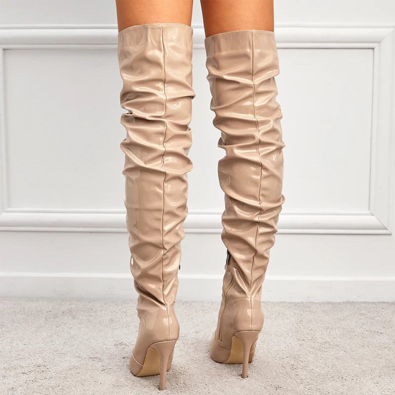 Winter Long Boots Woman Patent Leather Pointed Toe Stiletto High Heels Zipper Over The Knee Boots Botas Altas Sexy Ladies Shoes