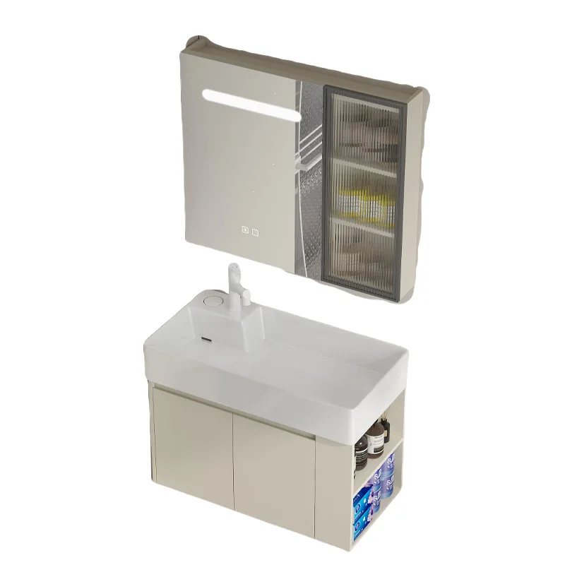Cream wind wall-mounted solid wood bathroom cabinet combination with side grid, bathroom household ceramic integrated wash basin