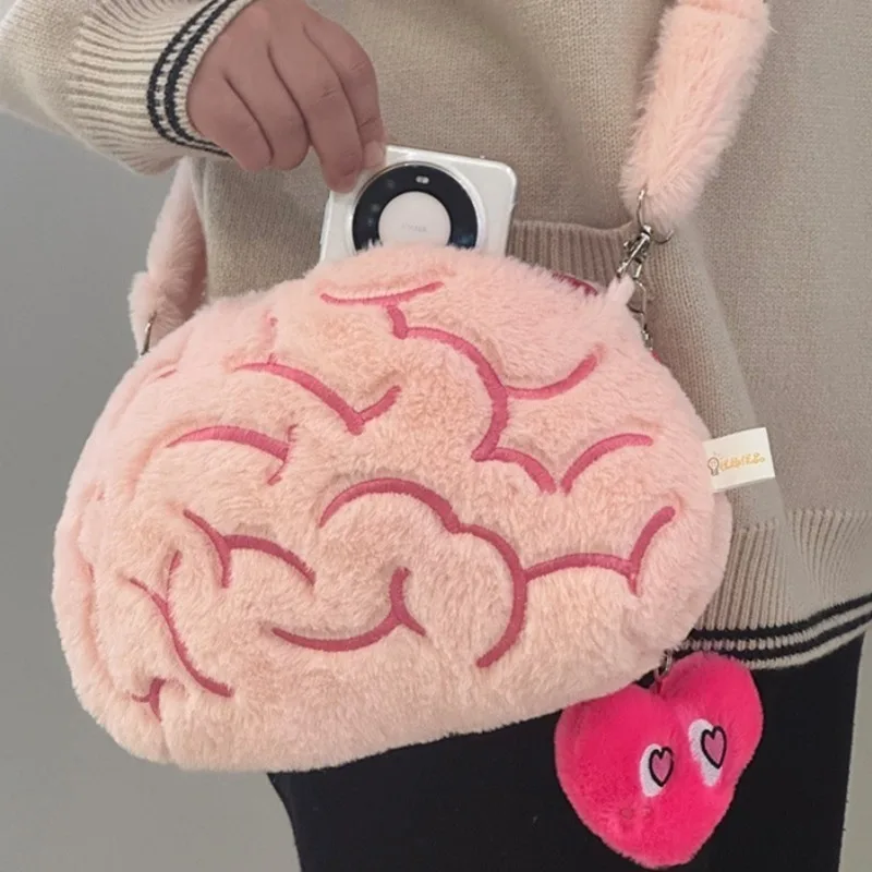 Y2K Cute Pink Love Brain Plush Shoulder Bags Funny Crossbody Bags Fashion Design Purse Cool Interesting Moving Ears Handbags Set 4