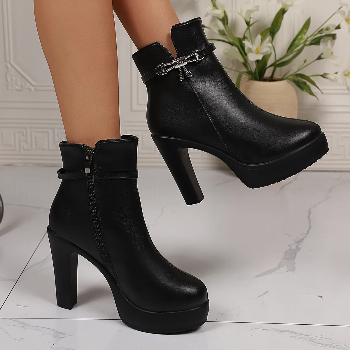 Fashion Ankle Boots Solid Color Round Head Side Zipper Design Autumn Winter Women's Fashion High Heeled Ankle Boot Size 36-43