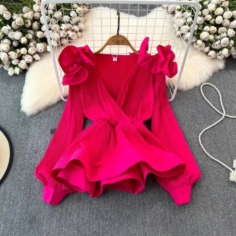 BabYoung 2025 ربيع جديد بلوزات مطوي على شكل حرف v...