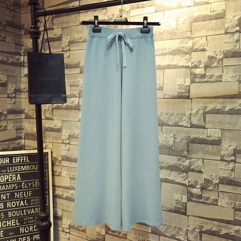 Fashion All-match High Waist Wide Leg Knitted Pants Autumn Winter Women's Clothing Simplicity Elastic Drawstring Solid Trousers
