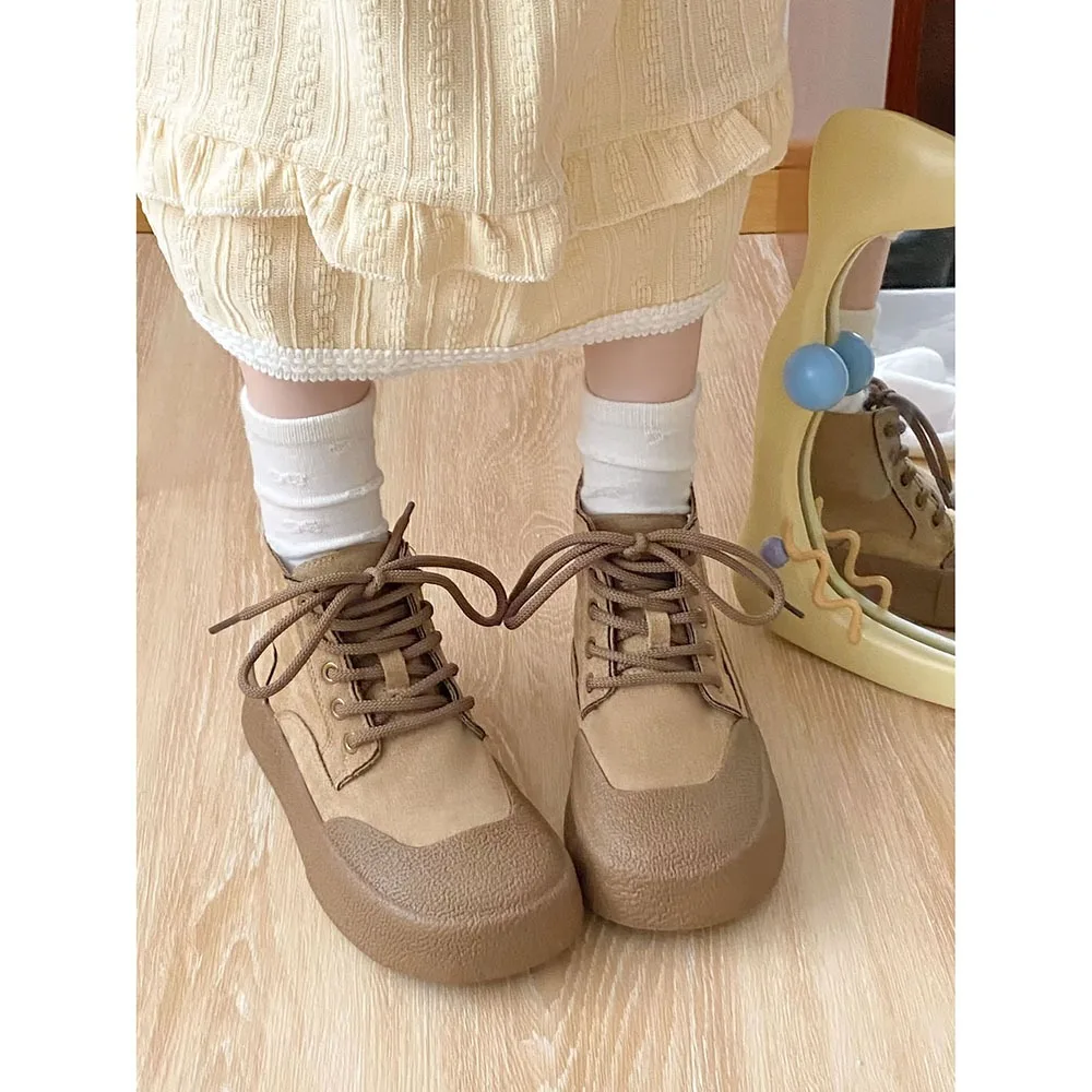 Square Head High Top Fashion Women Casual Shoes 2024 Spring New Genuine Leather High Thick Bottom Top Quality Women Shoes 24-154