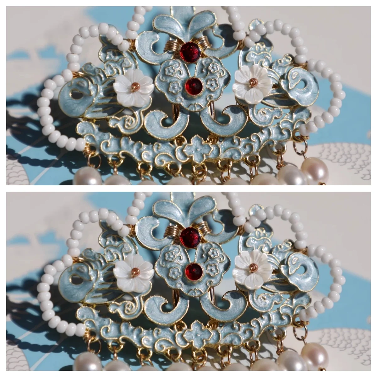 Kleine, hellblaue Haarkrone mit Perlen-Haarspange, Entenschnabel-Haarspange, Hanfu-Haarschmuck, Kopfbedeckung im antiken Stil_voghion.com