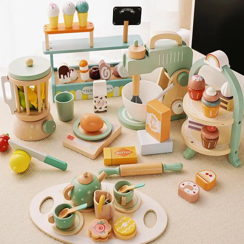 Wooden Kitchen Toys Pretend Play Coffee Mixer Tea Time Set Kids Cooking Accessories Play Food Educational Toys for Toddler Gifts