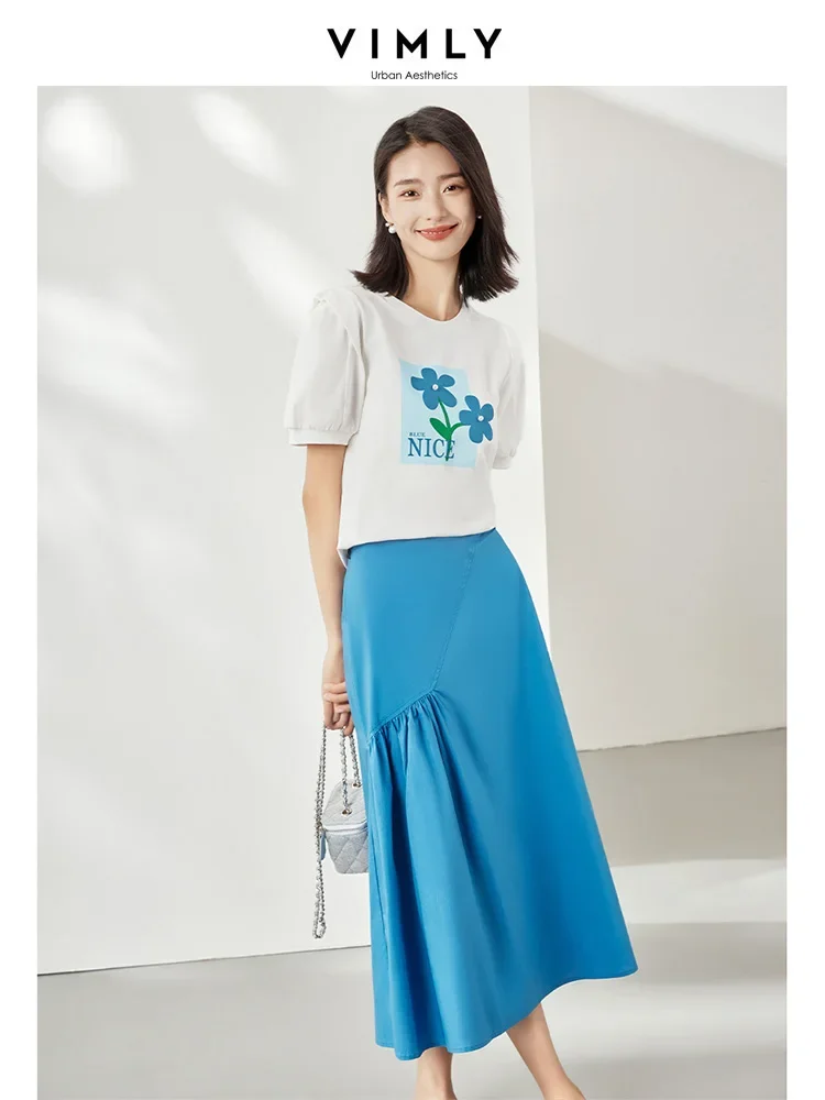 Vimly Summer Outfits for Women 2023 Fashion Casual Skirt Sets Floral Printed White Short Sleeve T-shirt Blue Ruched Midi Skirts