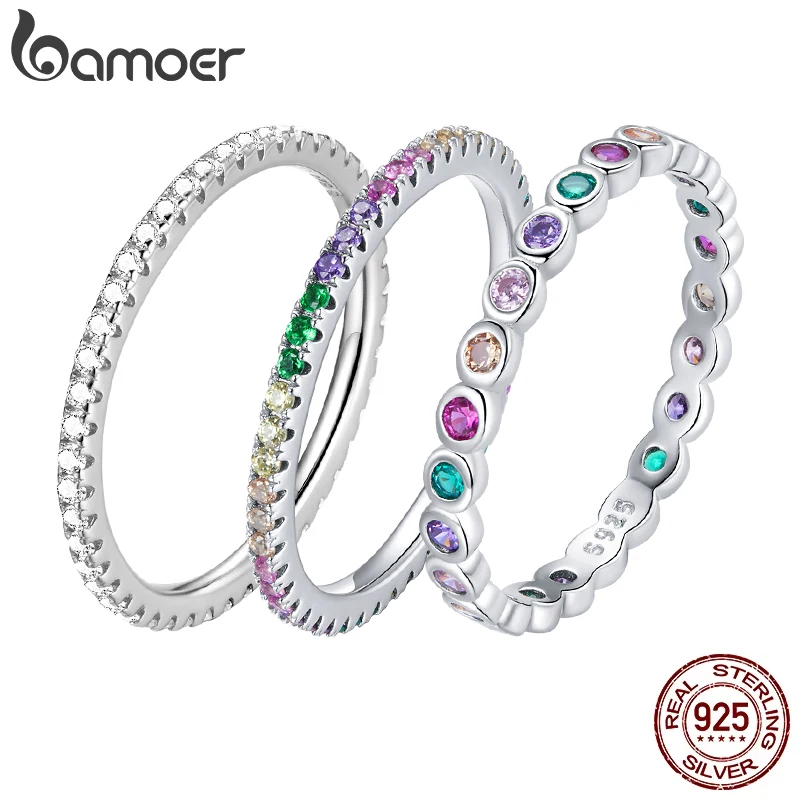 Silver Rings 925 Sterling Silver Rainbow Full Zircons for Women Trendy Dazzling Stackable Bezel Finger Ring Jewelry Gift