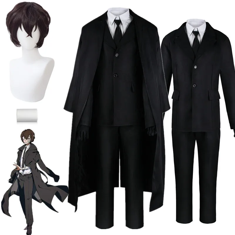 Anime Bungo Stray Dogs Dazai Osamu Cosplay Costume Black Trench Cloak