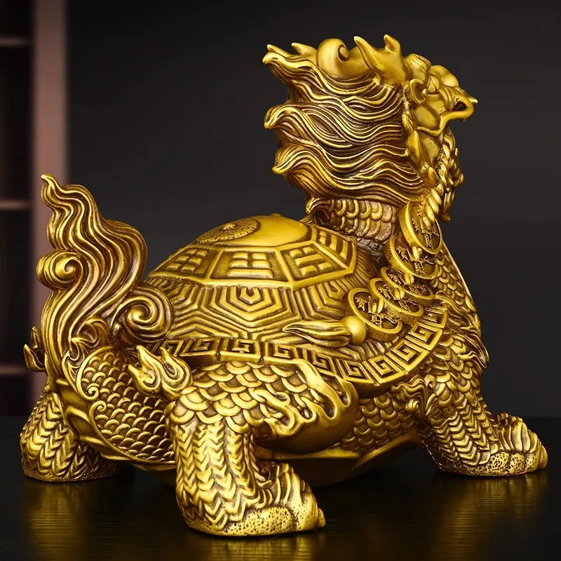 Brass Tortoise Dragon Statue for Good Luck Fortune Wealth, Chinese Feng Shui Pi Xiu Tortoise Home Office Desk Decor, Gift