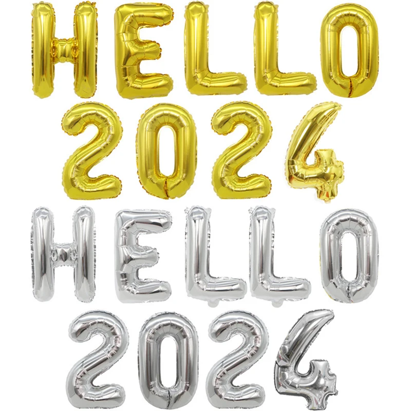 

1set Gold Silver Hello 2024 Foil Balloons Letter Number Inflatable Helium Ballons New Year Party Decorations for Home Air Globos