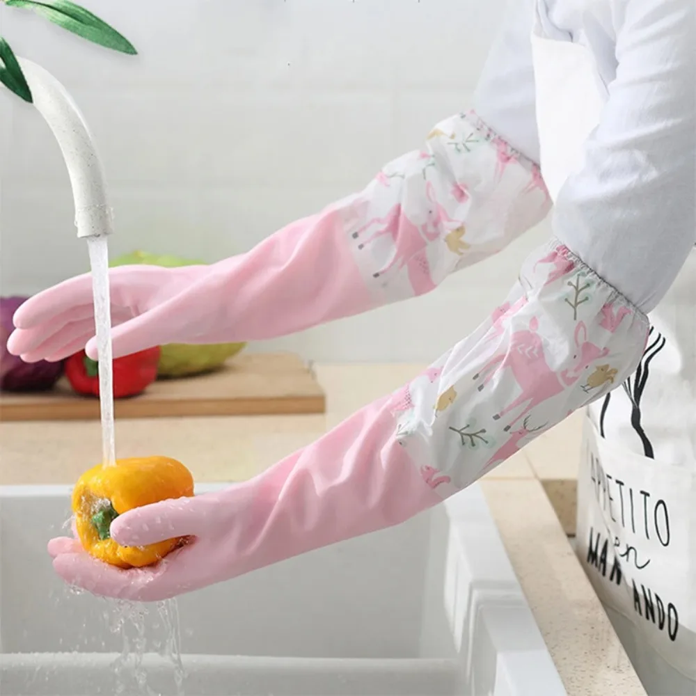 Dishwashing Gloves Cleaning Gloves Dishwashing Gloves Single Layer Household Chore Splicing Sleeve Waterproof Elastic Band Mouth Rubber