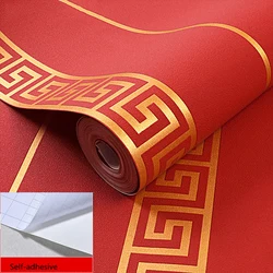 Self Adhesive Greek Key Pattern Wallpaper Chinese Geometric Metallic Vinyl Wall Paper Roll Living Room TV Background Red Grey