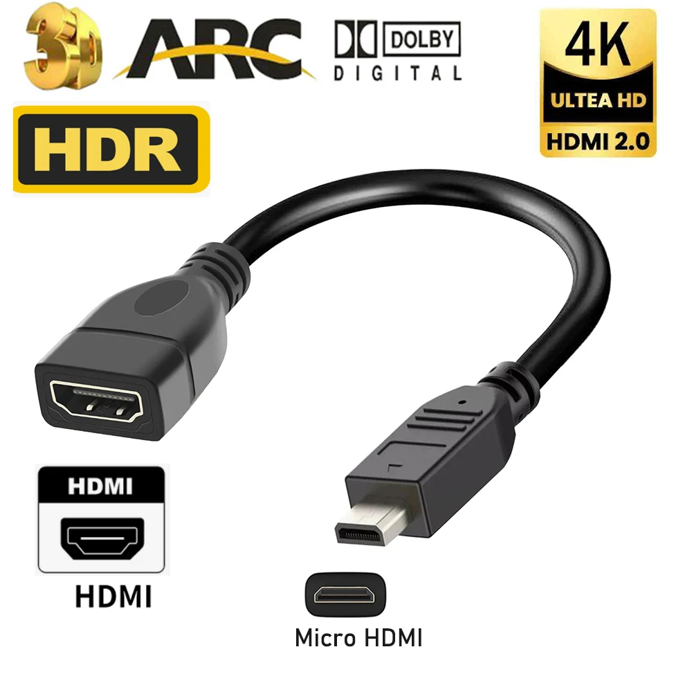Cable Adaptador Micro HDMI A HDMI 4K 60Hz Para GoPro Y Cámaras - 6 Pies (1.8m) Con Conectores Dorados