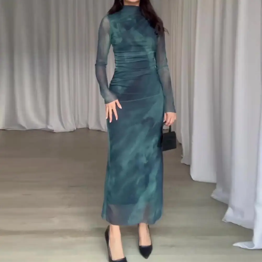 

Spring Women Dress Slim Fit Skinny Solid Color Pleated Long Sleeve Half-high Collar Back Zipper Soft Elastic Lady Midi Dress 원피스