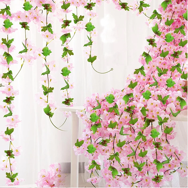 Artificial Cherry Blossom Flowers Vine Sakura Hanging Garland Wedding Arch Home Garden Decoration Silk Fake Plant Birthday Party