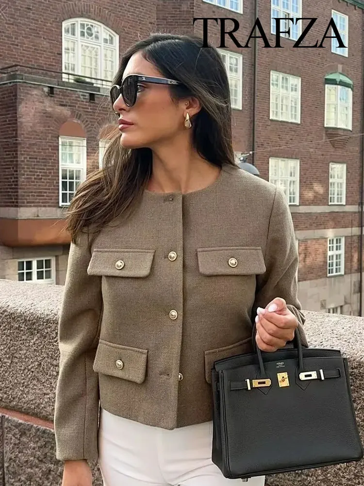 

TRAFZA Coat For Women Elegant Front Button Short Jacket Coat Vintage O Neck Long Sleeve Jackets Female Outerwear Chic Tops