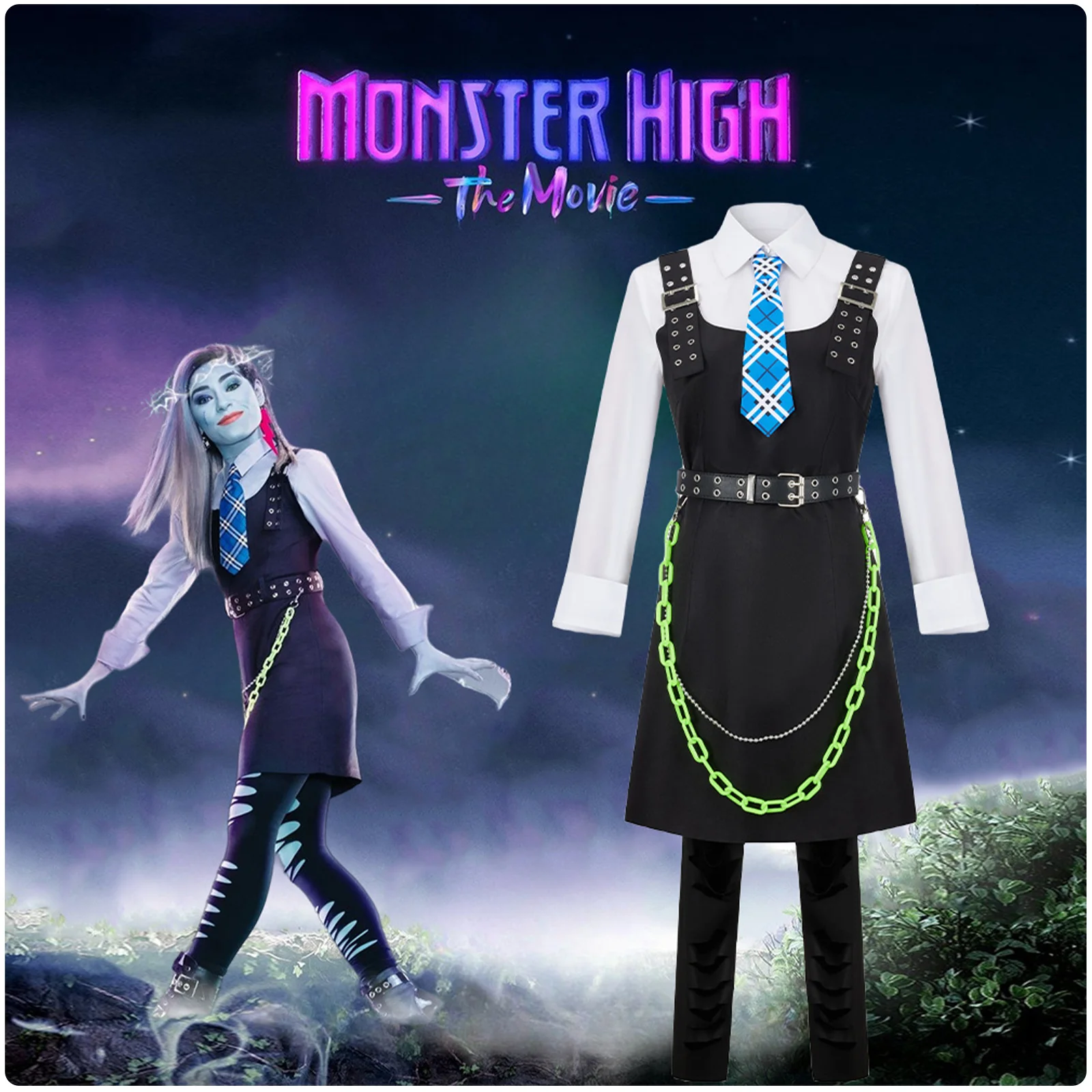 

Monster Frankie Stein Cosplay Costume Live Action Drama Dress Full Suit Halloween Cartoon Fancy Female Role Play Outfit