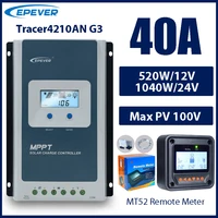 Contrôleur de Charge solaire MPPT 40A, tension de batterie 12V 24V, panneau solaire maximum, régulateur EPEVER 100V avec moniteur de données MT52 1