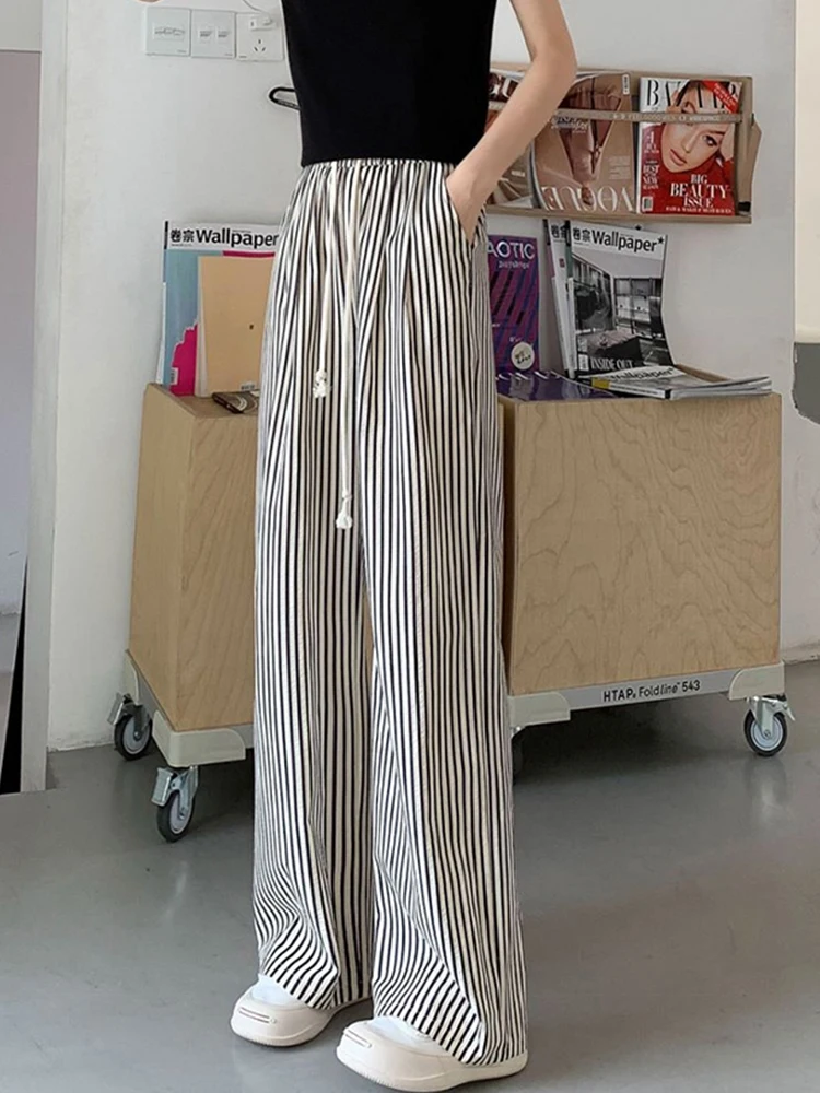 

2024 Women's Summer New Striped Ice Silk Thin Pants Female High Waist Wide-leg Pants Ladies Loose Casual Straight Trousers B12
