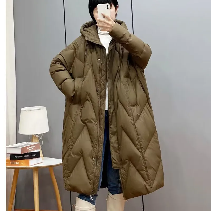

2023 winter Korean loose hooded thickened white duck down medium and long down jacket