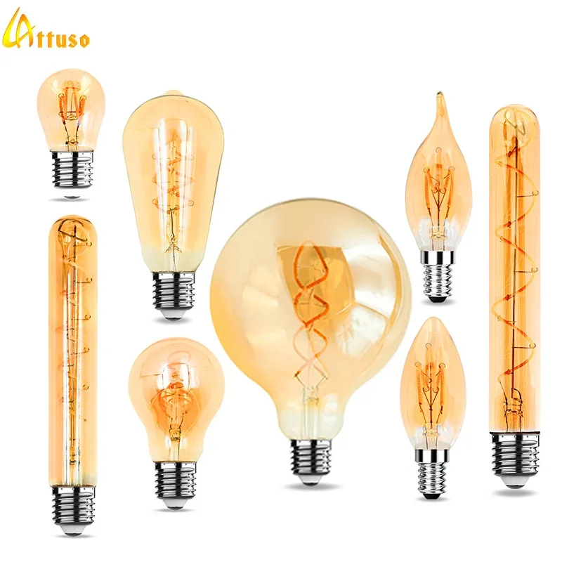 E27 E14 Retro Edison LED Filament Bulb AC 220V Spiral Light C35 G45 A60 ST64 G80 G95 G125 Glass Bulb Retro Candle Lamp 1-10pcs