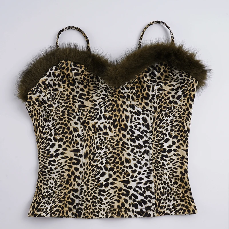 SUCHCUTE Retro Leopardenmuster Patchwork Kunstpelzbesatz Cami Tops Damen Schlanke ärmellose Weste Y2k Kleidung 2000er Jahre Tops Sommer Casual – Detail 4