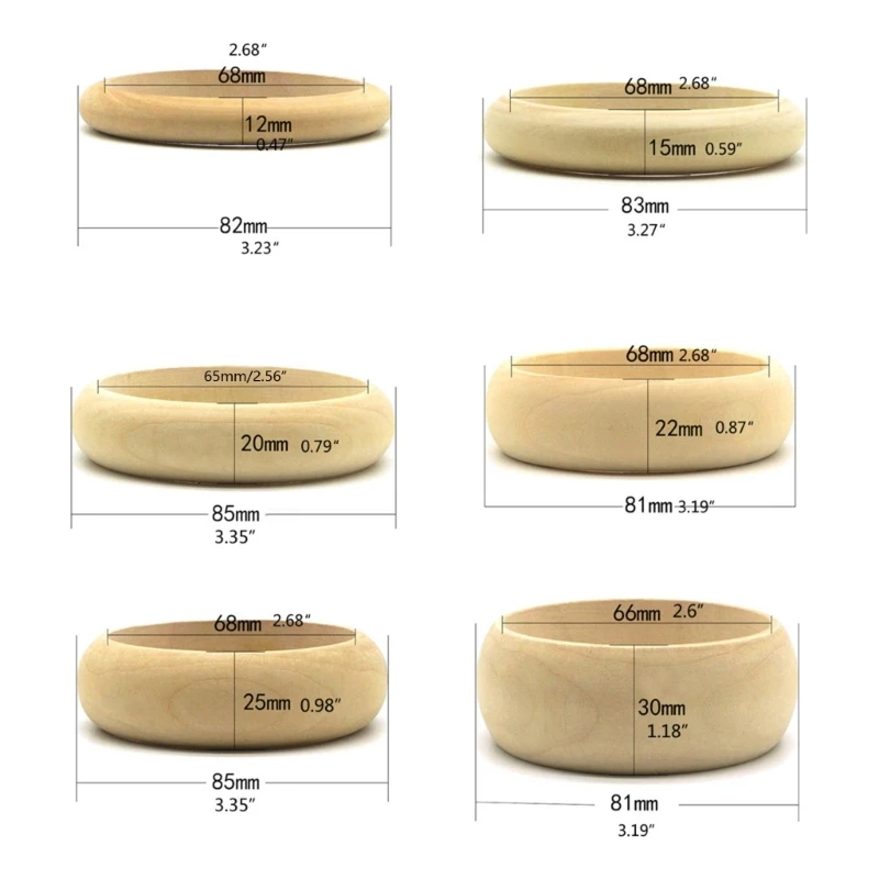 6 Pcs Unfinished Bangles Bracelet Natural Round Wooden Ring for Art & Craft Project DIY Jewelry Making 6
