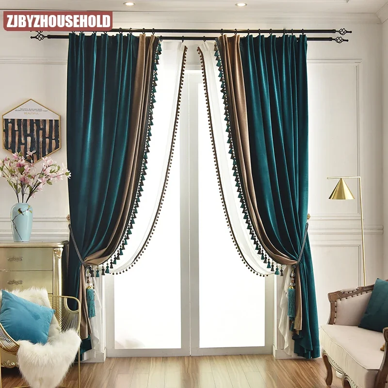 Personalizado americano luz estilo de luxo pavão verde azul luz marrom cortinas para o quarto veludo blackout espessamento cortina