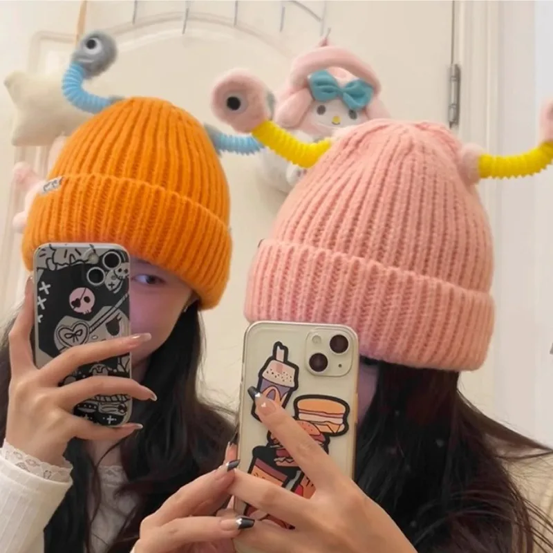 Luminous Antennae Eyes Cartoon Funny Women's Knitted Hat for Autumn and Winter Warmth, Multifunctional  Wool, Practical
