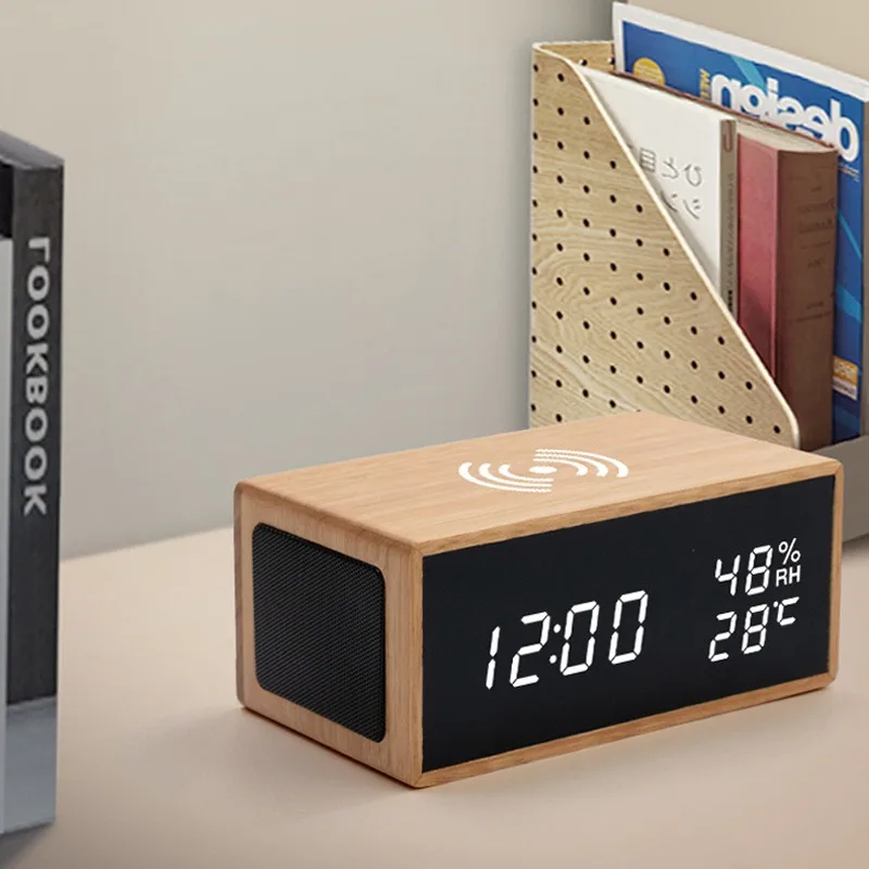 창의적인 다기능 무선 블루투스 스피커, 나무 소리 제어 알람 시계, 휴대폰 충전 알람 시계, LED 조명