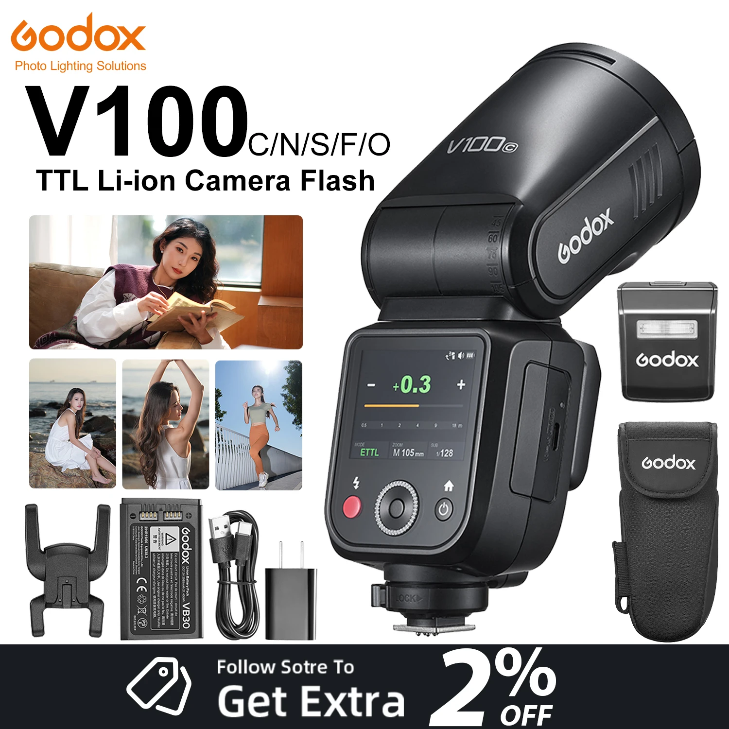 고독스 V100 C/N/S/F/O 무선 TTL 리튬이온 라운드 헤드 카메라 플래시..