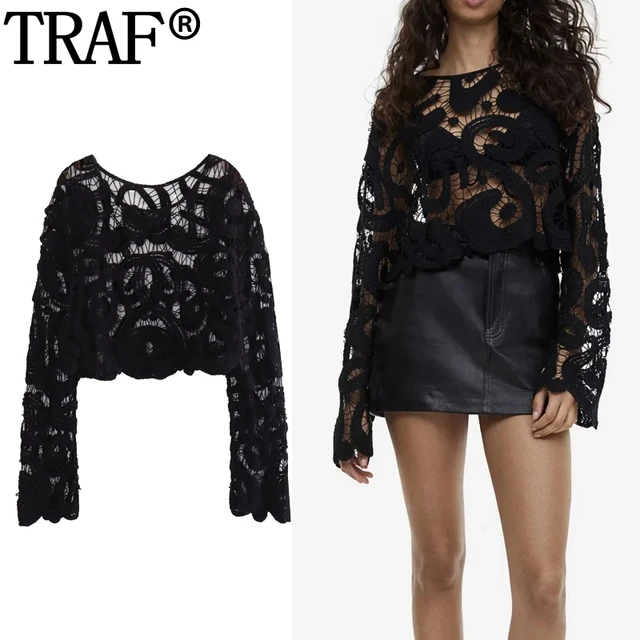 TRAF Cut Out Knitted Tops For Women 2023 Crochet Black Blouses Women Long Sleeve Elegant And Youth Woman Blouses Summer Crop Top