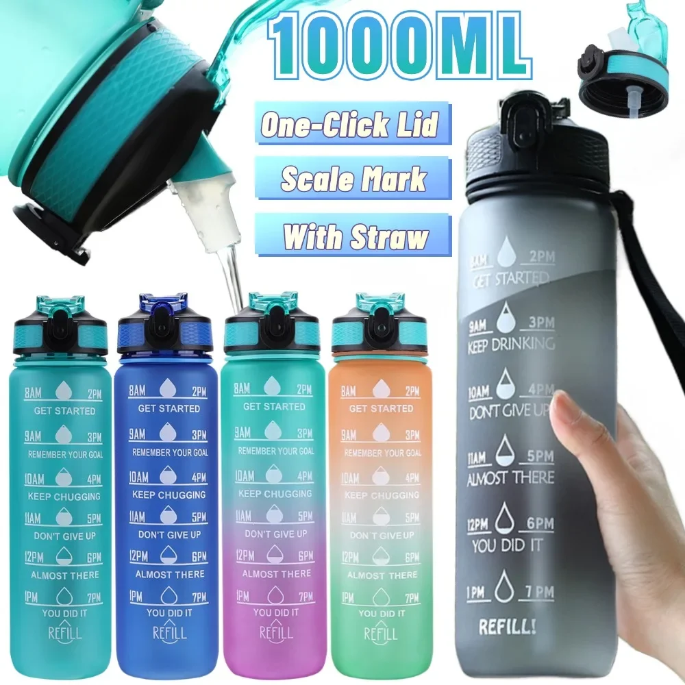 1000ml Outdoor Sports Bottle with Time Scale Outdoor Gradient Color Drinking Bottle Portable Fitness Straw Mug Drinking Cup
