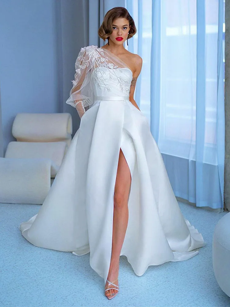 

2023 One Shoulder Bride Dress Long Puff Sleeves Backless Zipper High Side Slit Wedding Dress Simple Satin Vestido De Novia