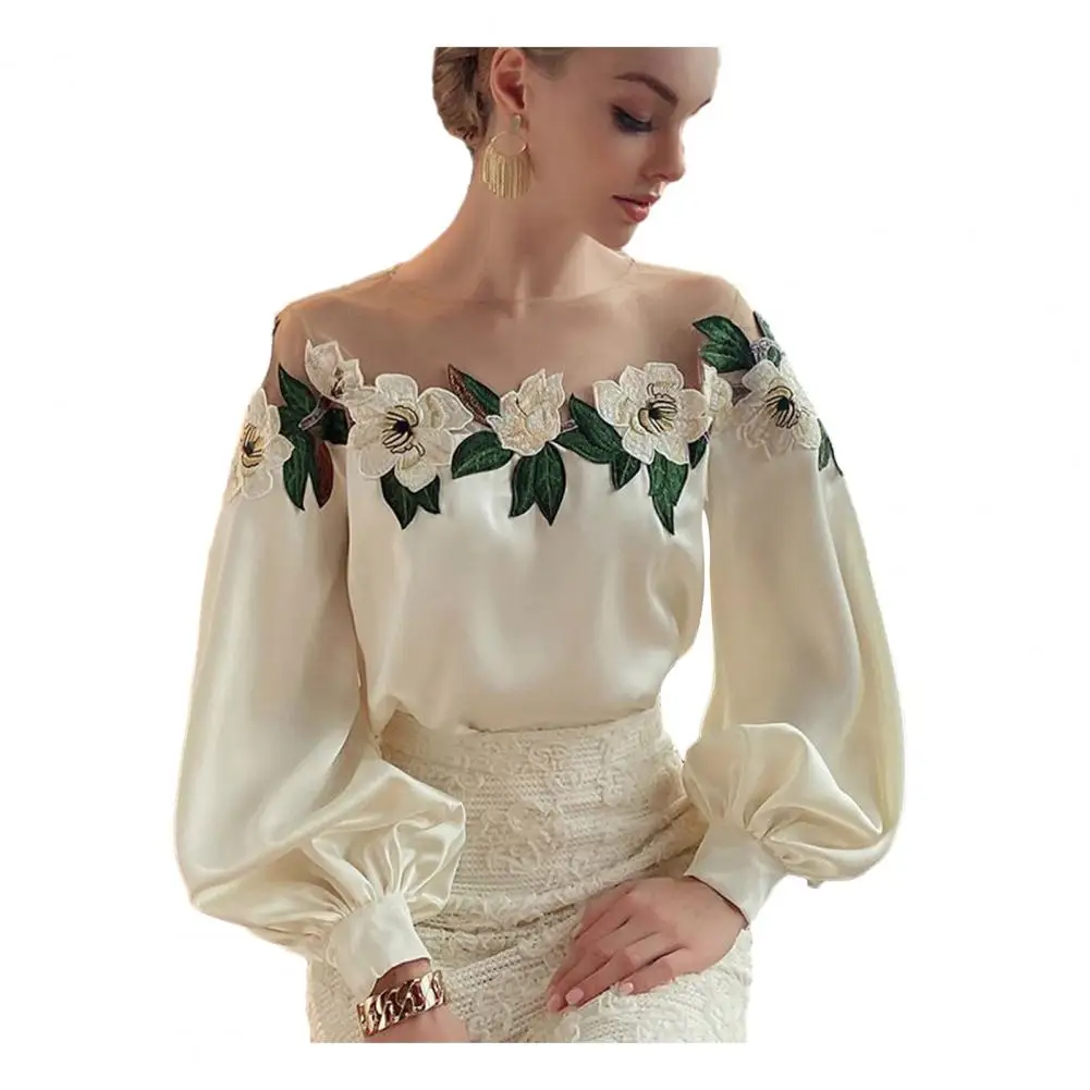 

Polyester Shirt Women High-quality Blouse Ladies Elegant Satin Embroidered Gauze Shirt Stylish Women's Blouse with Long Sleeve