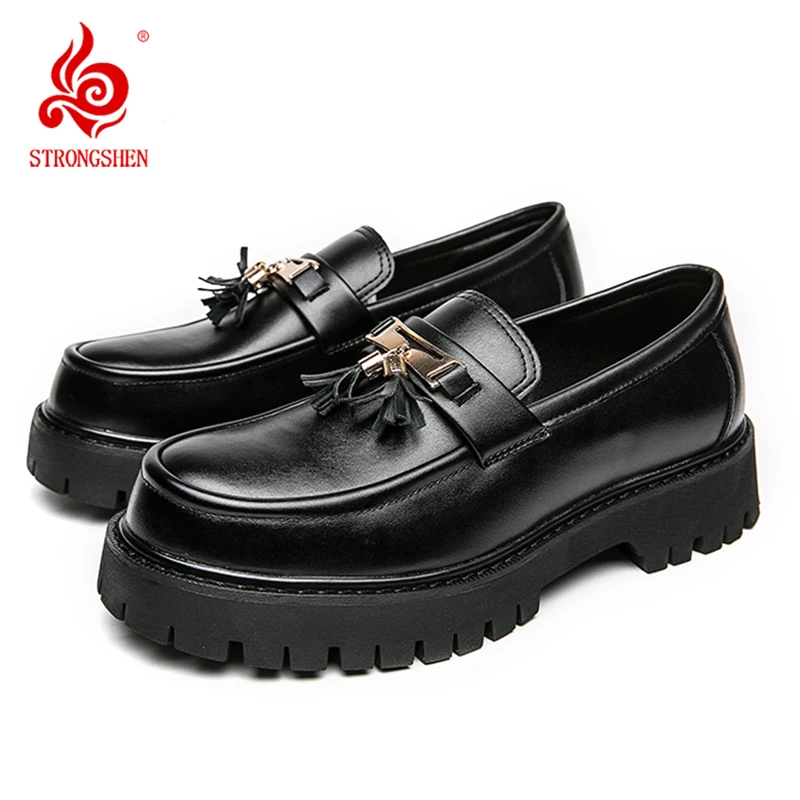 STRONGSHEN Men Tassel Casual Leather Shoes Mens Handmade Mocassin Loafers Brand Luxury Fashion Tassel Platform Business Shoes leather shoes
