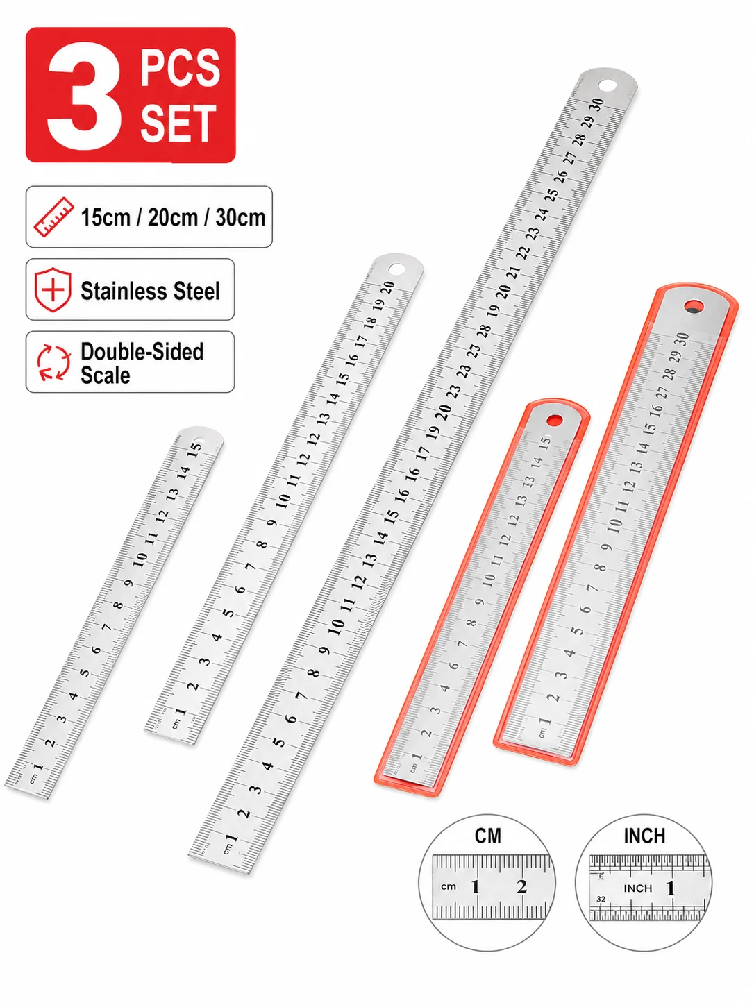 Premium Stainless Steel Ruler Set with Protective Sleeves - 3 Piece Edition (15cm, 20cm, 30cm)
