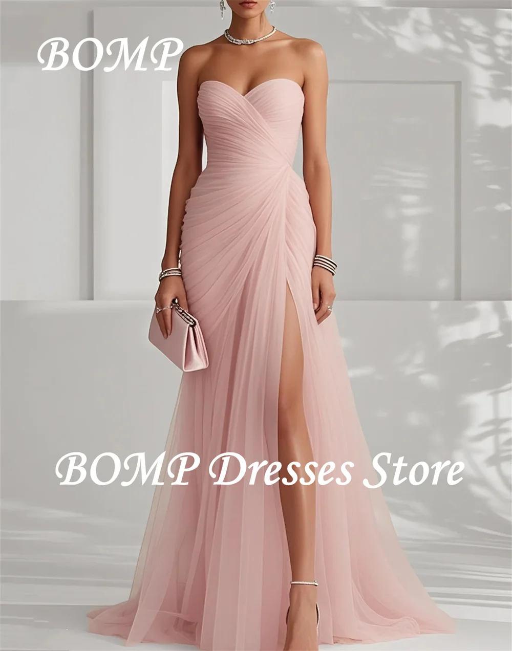 فساتين سهرة نسائية أنيقة ومثيرة باللون الأزرق السماوي من BOMP على شكل قلب بدون حمالات بفتحة عالية للحفلات الراقصة فساتين رسمية مخصصة