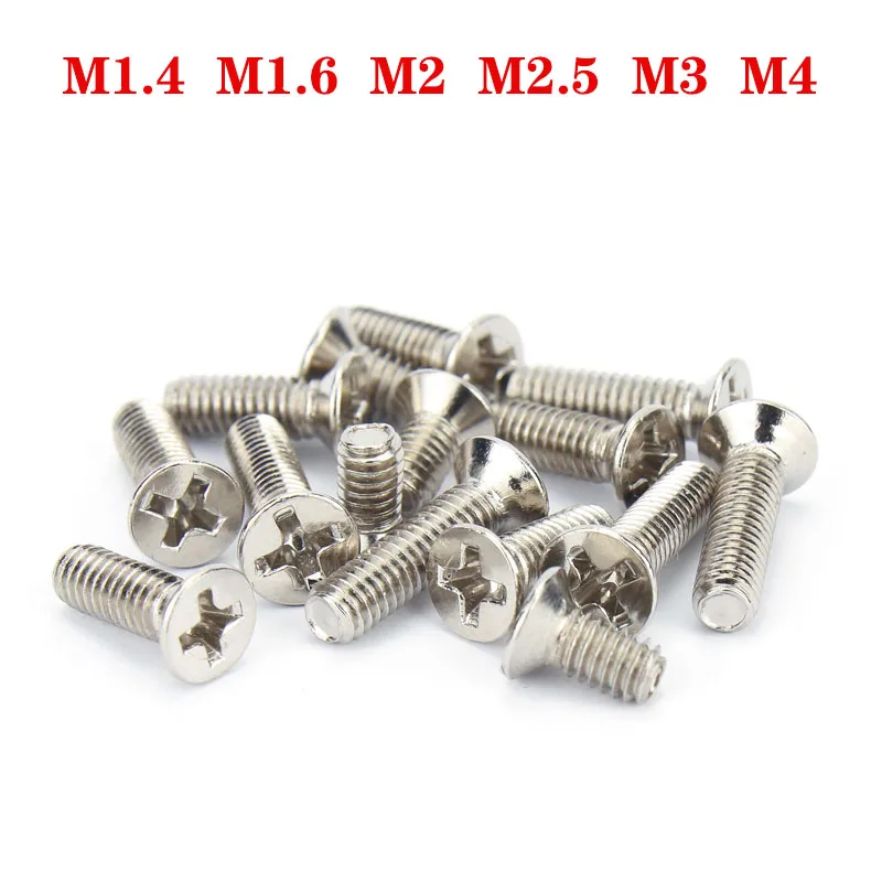 

Phillips Flat Countersunk Head Screws Bolts M1.4 M1.6 M2 M2.5 M3 M4 Cross Carbon Steel Nickel Plated Screw For Notebook