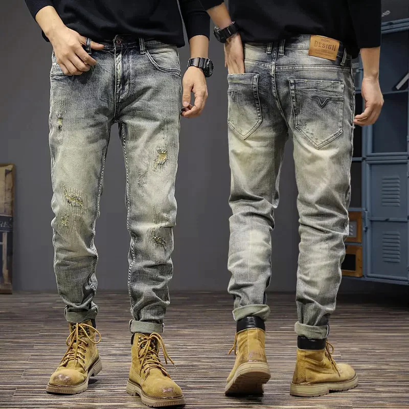 Vintage Fashion Men Jeans Retro Yellow Blue Stretch Slim Fit Ripped Jeans Men Embroidery Patched Designer Denim Pants Hombre